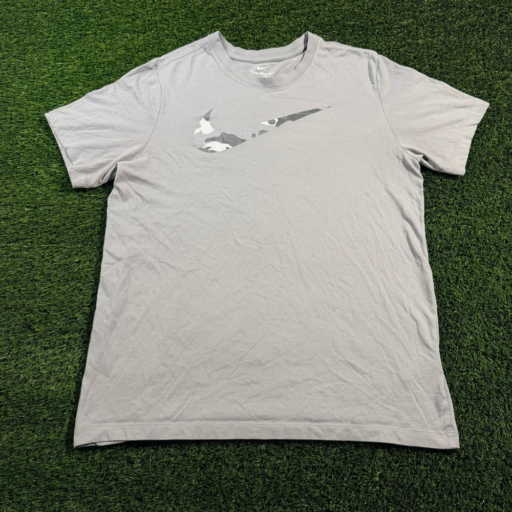 Nike Dri-FIT Camo Swoosh Graphic Tee Grey Mens Large Short Sleeve T-Shirt